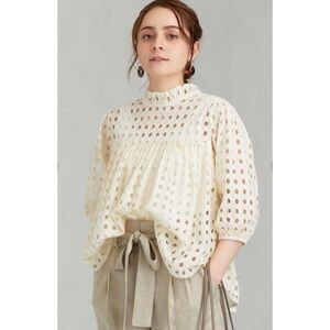 V. DE. Vinster Eyelet Blouse Top Ruffle Neck 3/4 Sleeve France Festival Sz M